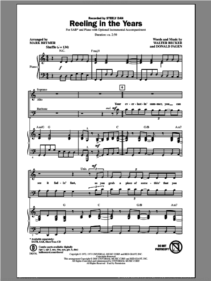 Reeling In The Years sheet music for choir (SAB: soprano, alto, bass) by Mark Brymer and Steely Dan, intermediate skill level