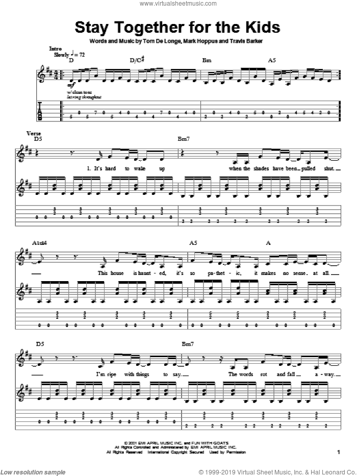 Stay Together For The Kids sheet music for guitar (tablature, play-along) by Blink-182, Mark Hoppus, Tom DeLonge and Travis Barker, intermediate skill level