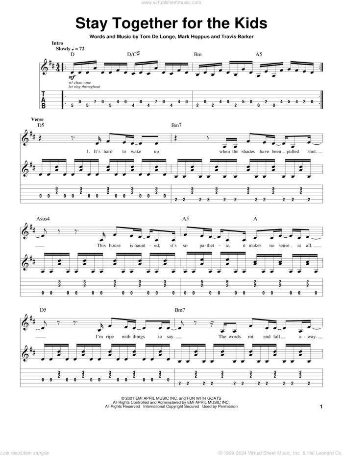 Stay Together For The Kids sheet music for guitar (tablature, play-along) by Blink-182, Mark Hoppus, Tom DeLonge and Travis Barker, intermediate skill level