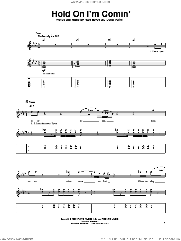 Hold On I'm Comin' sheet music for guitar (tablature, play-along) by B.B. King & Eric Clapton, David Porter, Isaac Hayes and Sam & Dave, intermediate skill level