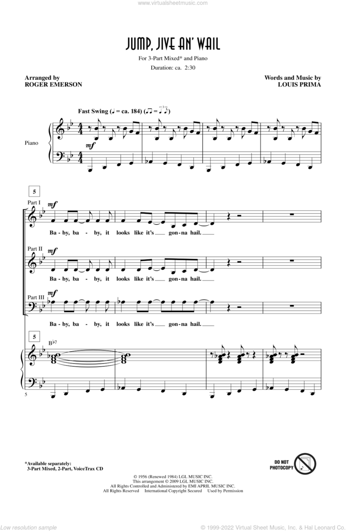 Jump, Jive An' Wail sheet music for choir (3-Part Mixed) by Roger Emerson and Brian Setzer, intermediate skill level
