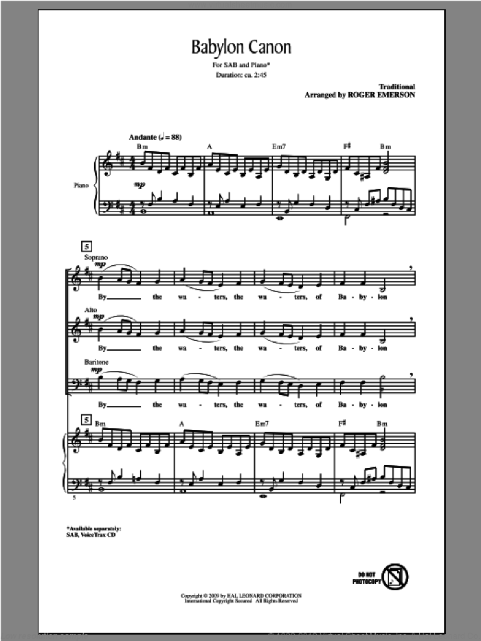 Babylon Canon sheet music for choir (SAB: soprano, alto, bass) by Roger Emerson, intermediate skill level
