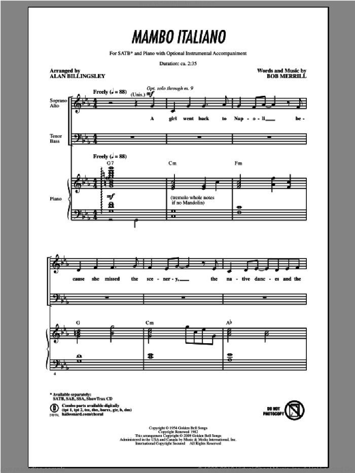 Mambo Italiano (arr. Alan Billingsley) sheet music for choir (SATB: soprano, alto, tenor, bass) by Alan Billingsley and Bob Merrill, intermediate skill level