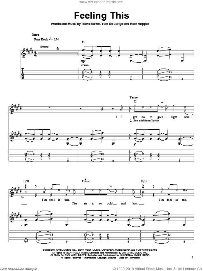 Feeling This sheet music for guitar (tablature, play-along) by Blink-182, Mark Hoppus, Tom DeLonge and Travis Barker, intermediate skill level