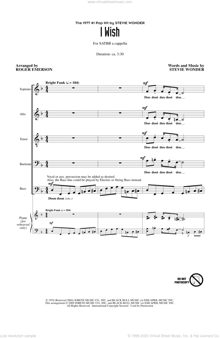 I Wish sheet music for choir (SATB: soprano, alto, tenor, bass) by Roger Emerson and Stevie Wonder, intermediate skill level
