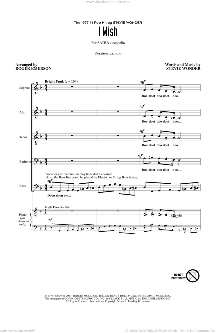 I Wish sheet music for choir (SATB: soprano, alto, tenor, bass) by Roger Emerson and Stevie Wonder, intermediate skill level