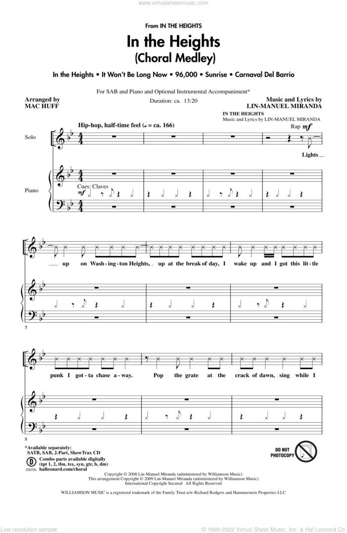 In The Heights (Choral Medley) (arr. Mac Huff) sheet music for choir (SAB: soprano, alto, bass) by Mac Huff, In The Heights (Musical) and Lin-Manuel Miranda, intermediate skill level