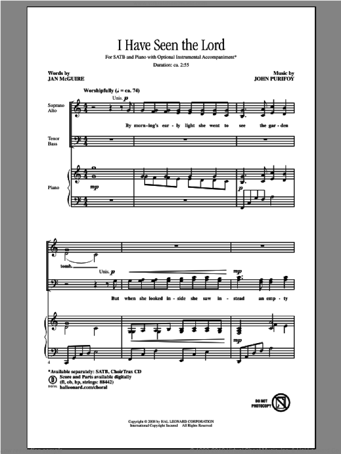 I Have Seen The Lord sheet music for choir (SATB: soprano, alto, tenor, bass) by John Purifoy and Jan McGuire, intermediate skill level