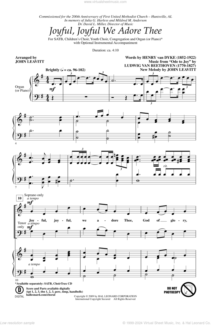 Joyful, Joyful, We Adore Thee sheet music for choir (SATB: soprano, alto, tenor, bass) by John Leavitt, intermediate skill level
