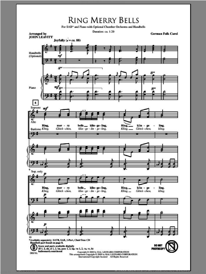 Ring Merry Bells sheet music for choir (SAB: soprano, alto, bass) by John Leavitt, intermediate skill level
