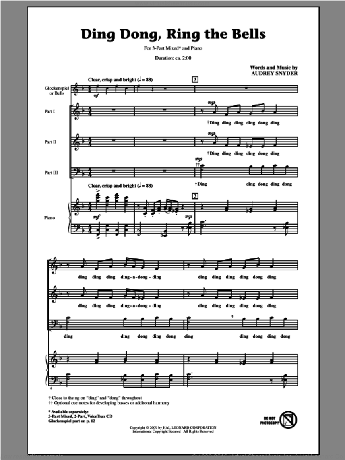 Ding Dong, Ring The Bells sheet music for choir (3-Part Mixed) by Audrey Snyder, intermediate skill level