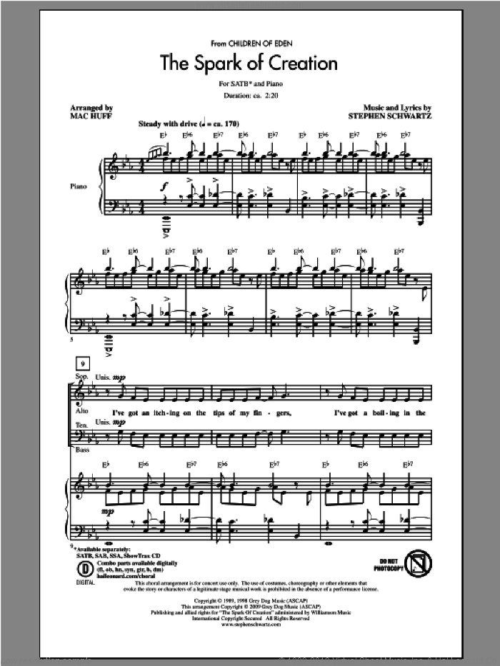 The Spark Of Creation (from Children of Eden) sheet music for choir (SATB: soprano, alto, tenor, bass) by Stephen Schwartz and Mac Huff, intermediate skill level