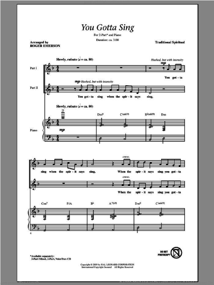 You Gotta Sing sheet music for choir (2-Part) by Roger Emerson, intermediate duet