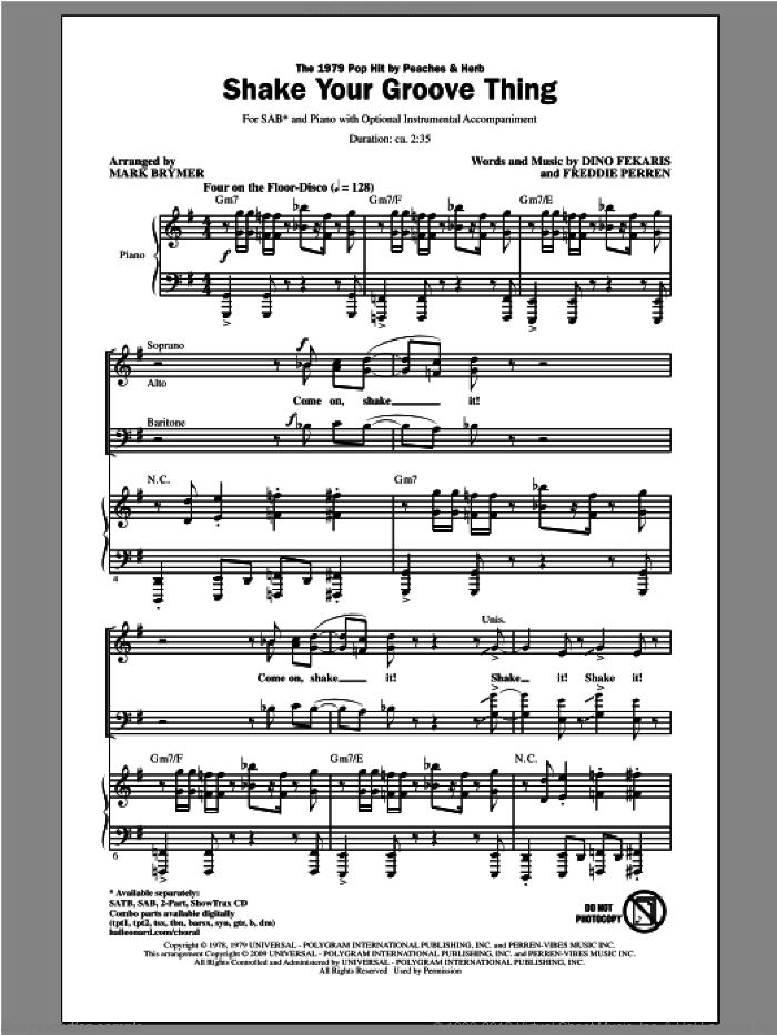 Shake Your Groove Thing sheet music for choir (SAB: soprano, alto, bass) by Mark Brymer and Peaches & Herb, intermediate skill level