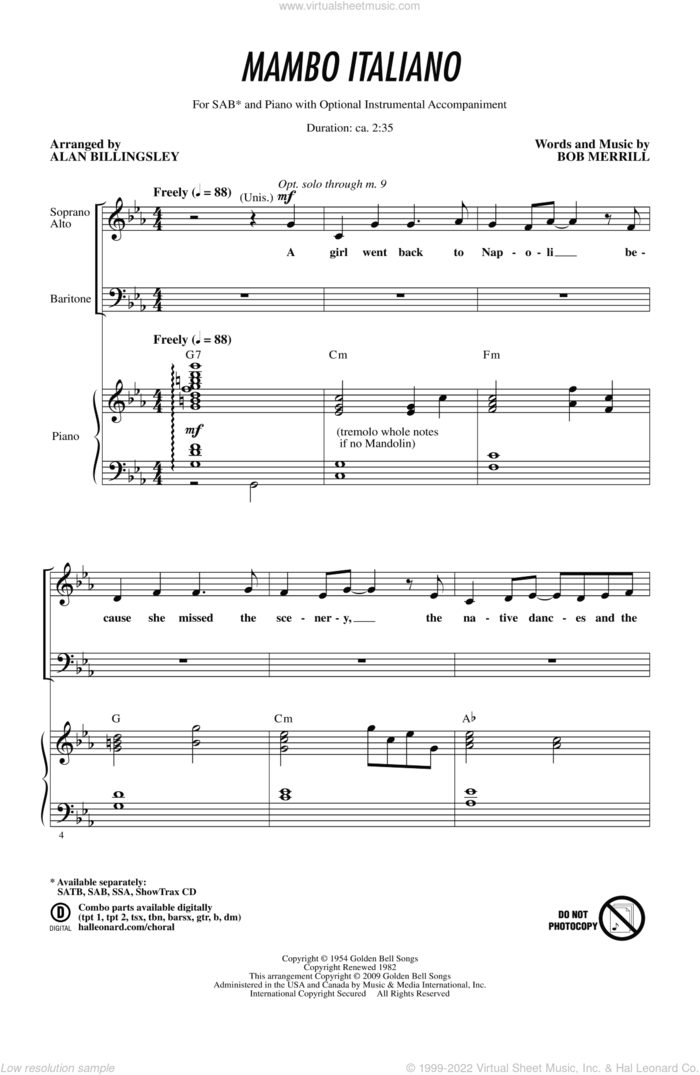 Mambo Italiano (arr. Alan Billingsley) sheet music for choir (SAB: soprano, alto, bass) by Alan Billingsley and Bob Merrill, intermediate skill level