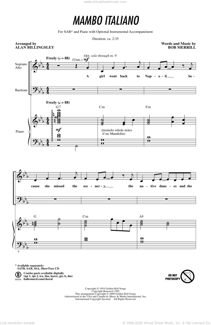 Mambo Italiano (arr. Alan Billingsley) sheet music for choir (SAB: soprano, alto, bass) by Alan Billingsley, Rosemary Clooney and Bob Merrill, intermediate skill level