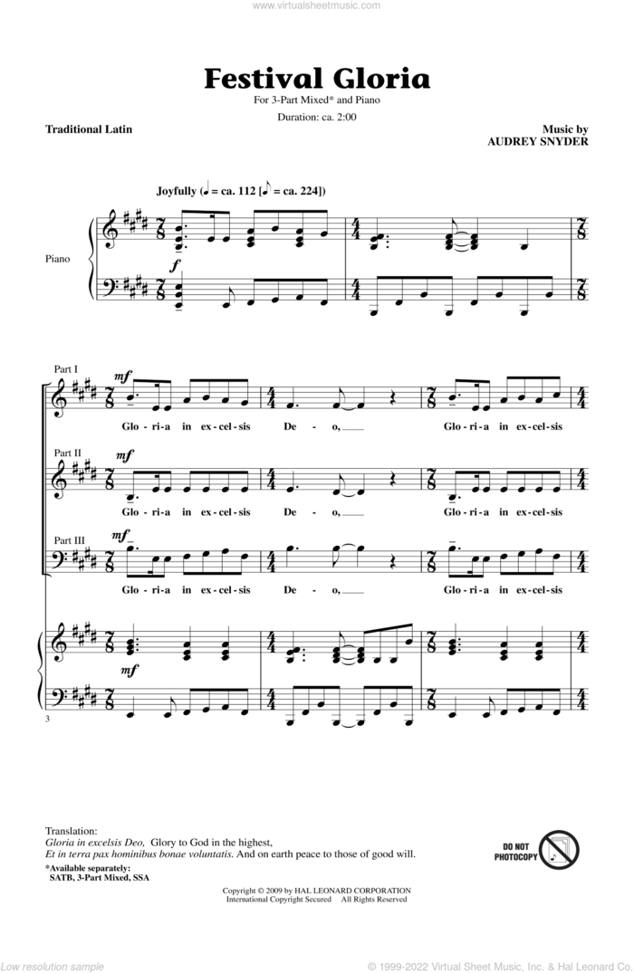 Festival Gloria sheet music for choir (3-Part Mixed) by Audrey Snyder, intermediate skill level