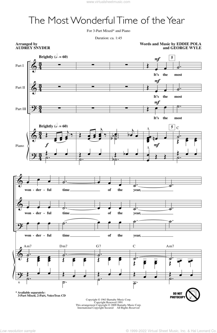 The Most Wonderful Time Of The Year sheet music for choir (3-Part Mixed) by Audrey Snyder, intermediate skill level