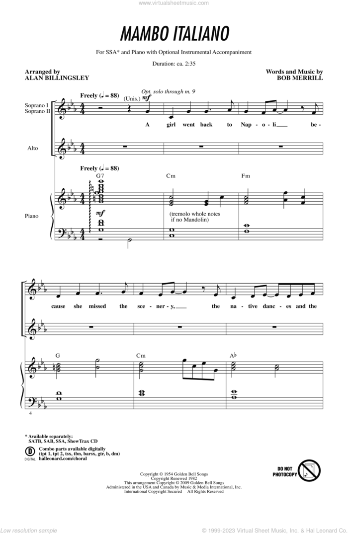 Mambo Italiano (arr. Alan Billingsley) sheet music for choir (SSA: soprano, alto) by Alan Billingsley, Rosemary Clooney and Bob Merrill, intermediate skill level