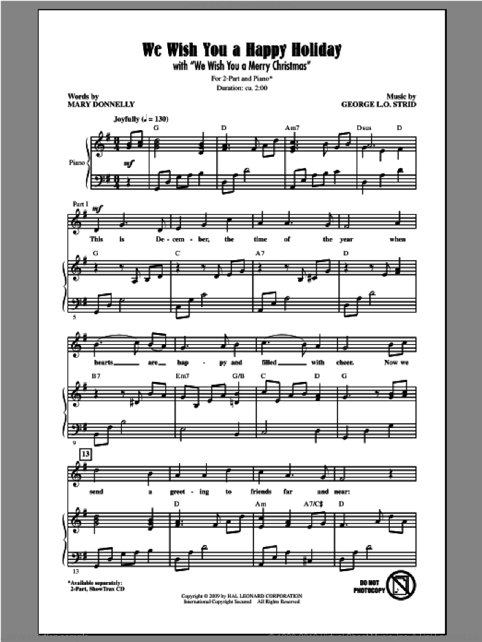 We Wish You A Happy Holiday sheet music for choir (2-Part) by Mary Donnelly and George L.O. Strid, intermediate duet