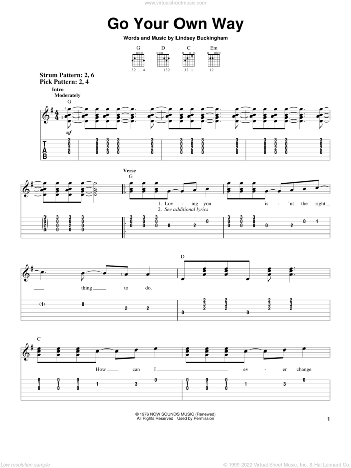 Go Your Own Way sheet music for guitar solo (easy tablature) by Fleetwood Mac, easy guitar (easy tablature)