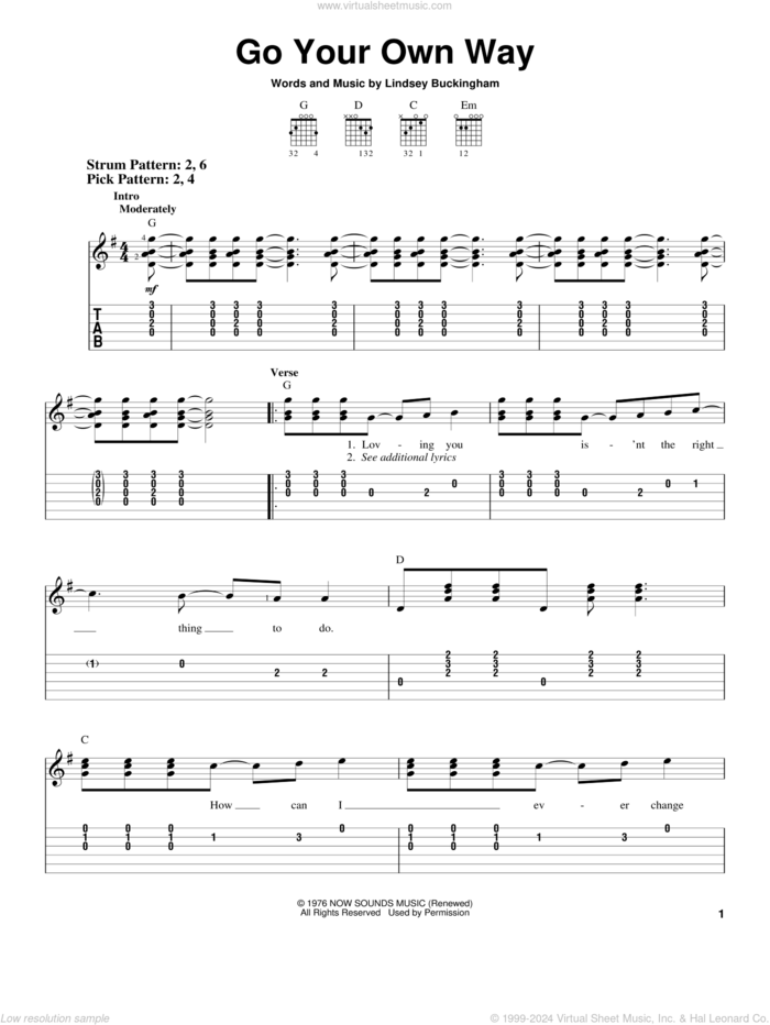 Go Your Own Way sheet music for guitar solo (easy tablature) by Fleetwood Mac, easy guitar (easy tablature)