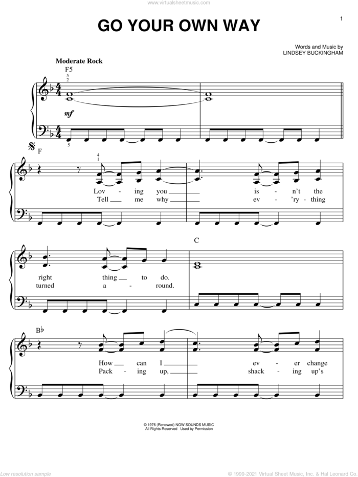 Go Your Own Way, (easy) sheet music for piano solo by Fleetwood Mac, easy skill level