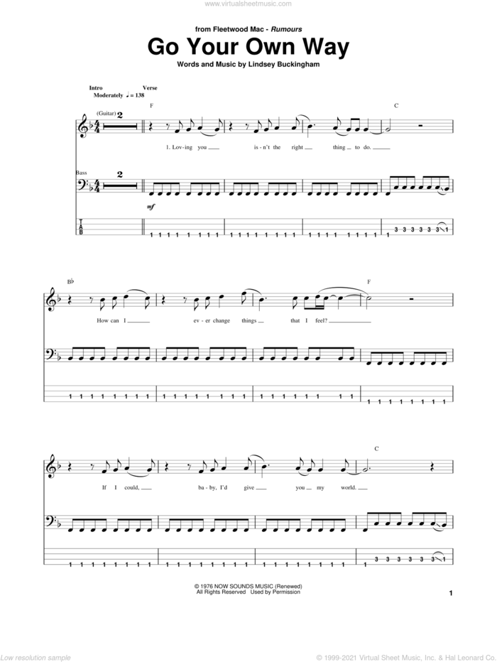 Go Your Own Way sheet music for bass (tablature) (bass guitar) by Fleetwood Mac, intermediate skill level