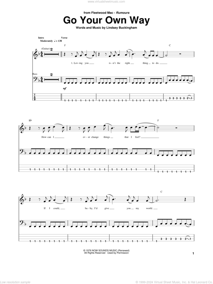 Go Your Own Way sheet music for bass (tablature) (bass guitar) by Fleetwood Mac, intermediate skill level