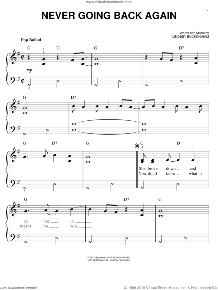 Never Going Back Again sheet music for piano solo by Fleetwood Mac, easy skill level