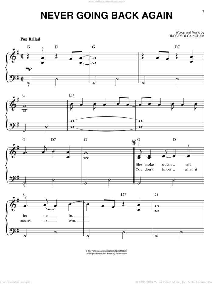 Never Going Back Again sheet music for piano solo by Fleetwood Mac, easy skill level