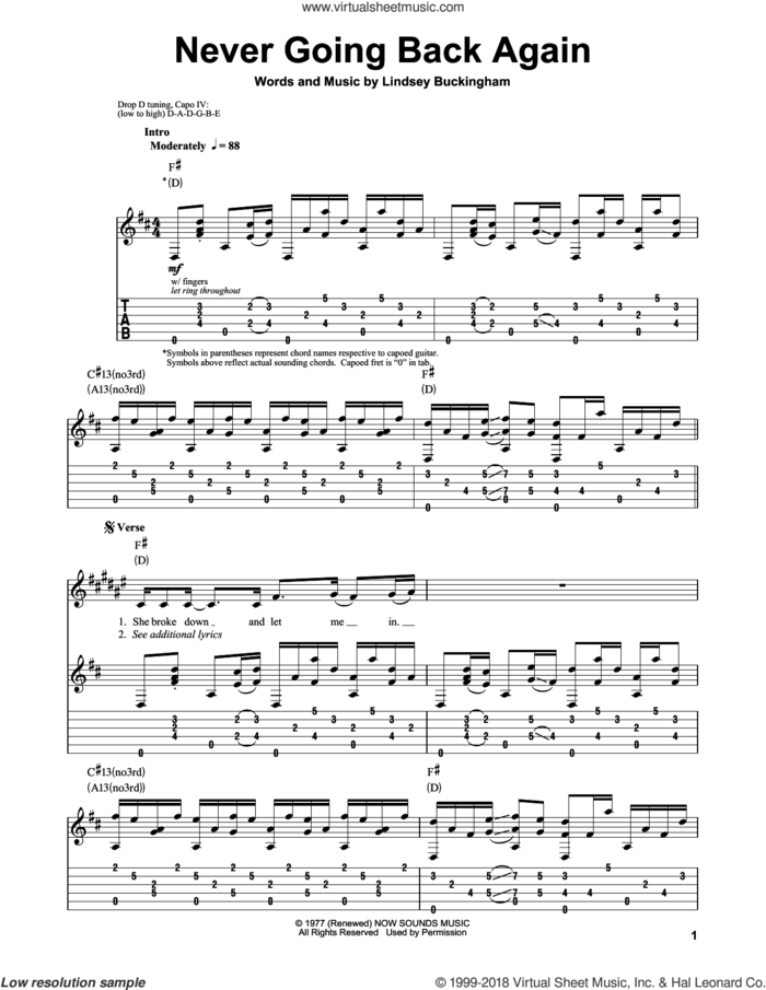 Never Going Back Again sheet music for guitar (tablature, play-along) by Fleetwood Mac, intermediate skill level
