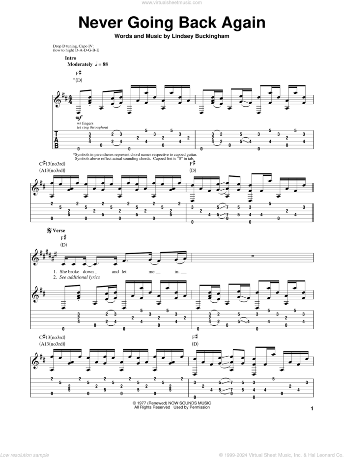 Never Going Back Again sheet music for guitar (tablature, play-along) by Fleetwood Mac, intermediate skill level