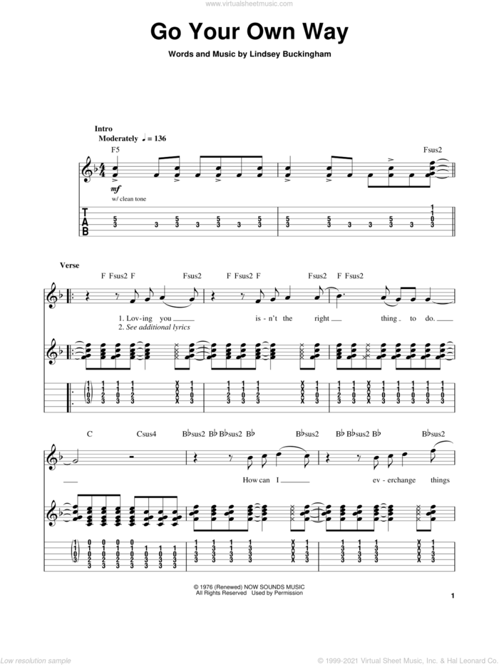Go Your Own Way sheet music for guitar (tablature, play-along) by Fleetwood Mac, intermediate skill level