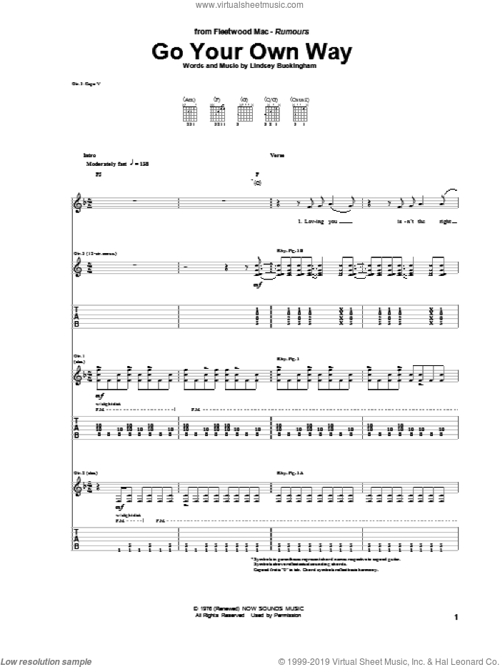 Go Your Own Way sheet music for guitar (tablature) by Fleetwood Mac, intermediate skill level