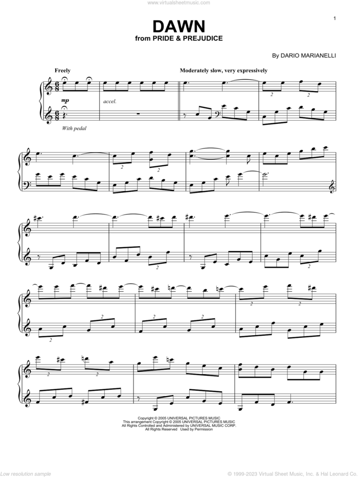 Dawn (from Pride And Prejudice) sheet music for piano solo by Dario Marianelli and Pride & Prejudice (Movie), intermediate skill level