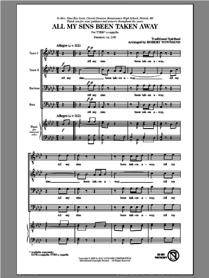 All My Sins Been Taken Away sheet music for choir (TTBB: tenor, bass) by Robert Townsend, intermediate skill level