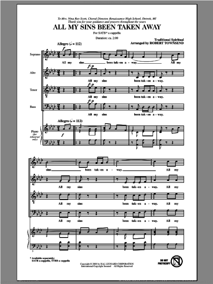 All My Sins Been Taken Away sheet music for choir (SATB: soprano, alto, tenor, bass) by Robert Townsend, intermediate skill level