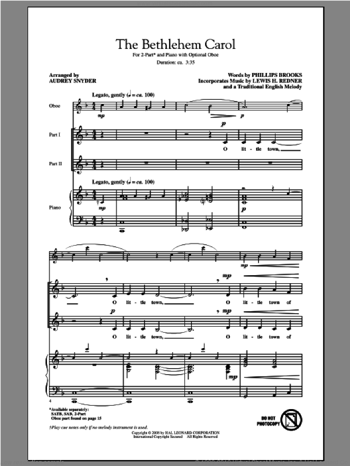 The Bethlehem Carol sheet music for choir (2-Part) by Audrey Snyder, intermediate duet