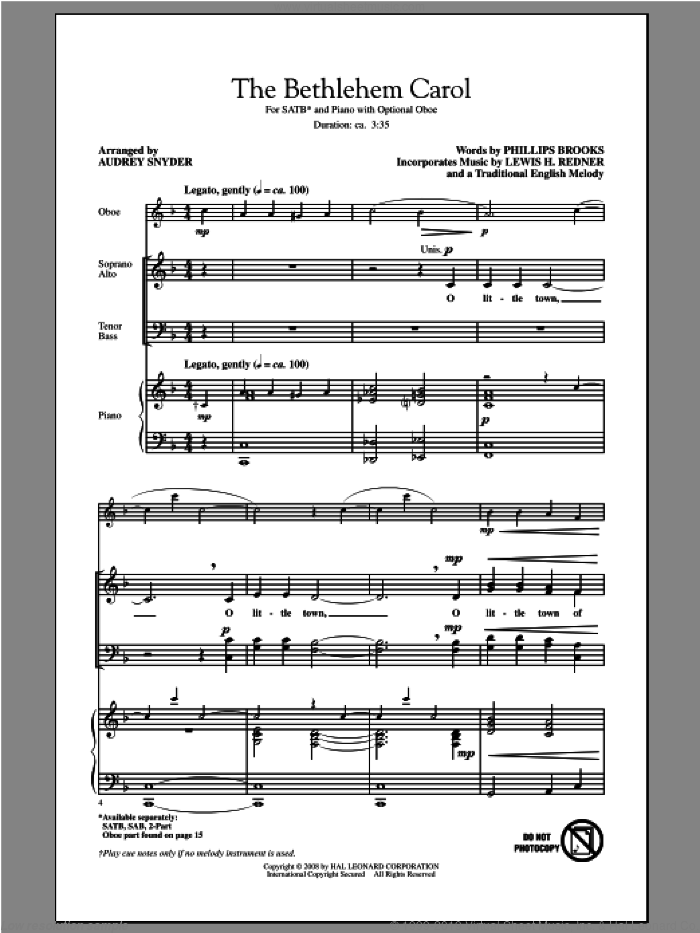 The Bethlehem Carol sheet music for choir (SATB: soprano, alto, tenor, bass) by Audrey Snyder, intermediate skill level