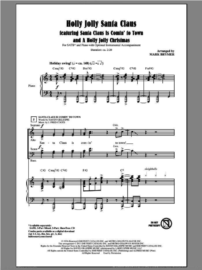 A Holly Jolly Christmas sheet music for choir (SATB: soprano, alto, tenor, bass) by Mark Brymer, intermediate skill level