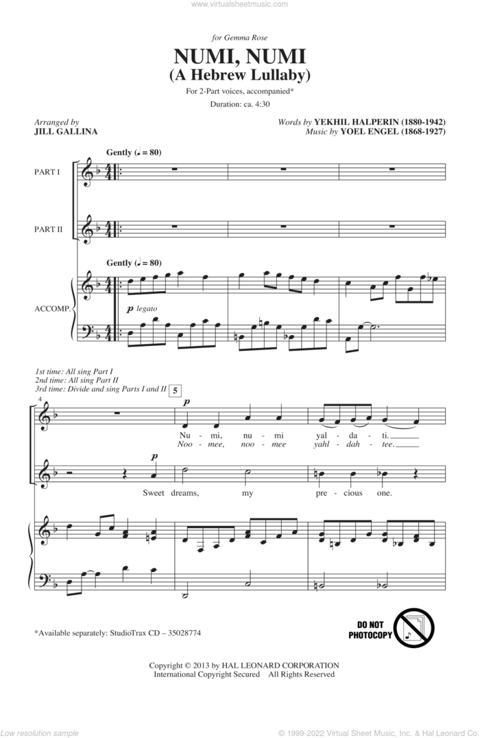 Numi, Numi sheet music for choir (2-Part) by Jill Gallina, intermediate duet