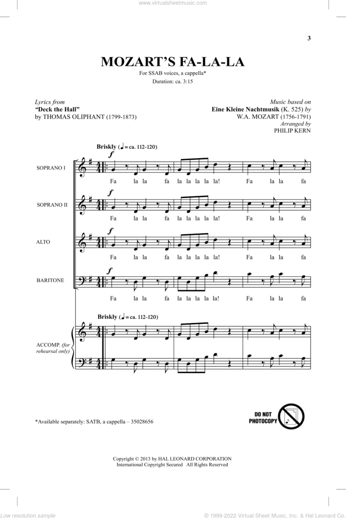 Mozart's Fa-La-La sheet music for choir (SAB: soprano, alto, bass) by Wolfgang Amadeus Mozart and Philip Kern, classical score, intermediate skill level