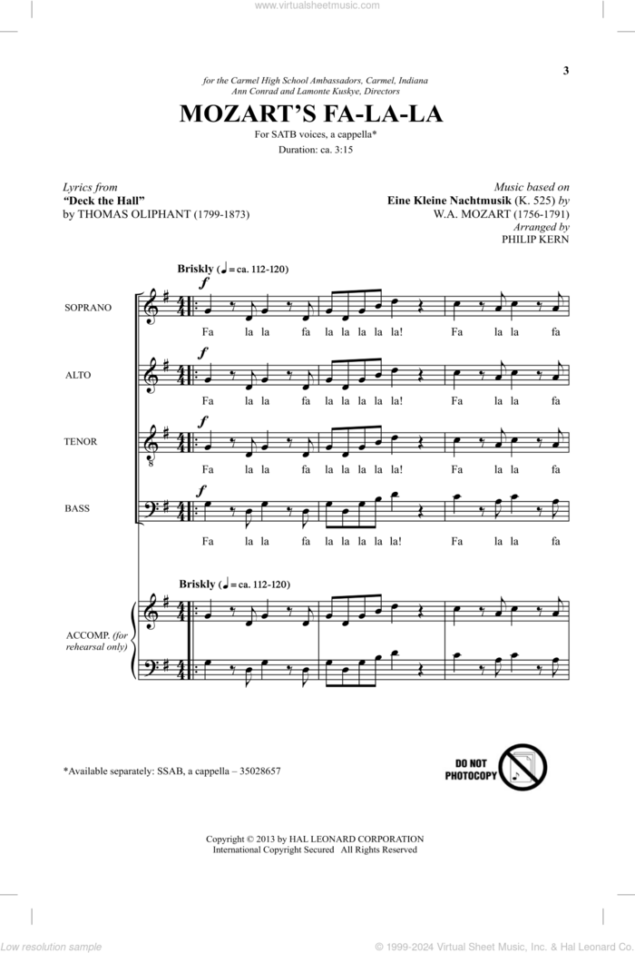 Mozart's Fa-La-La sheet music for choir (SATB: soprano, alto, tenor, bass) by Wolfgang Amadeus Mozart and Philip Kern, classical score, intermediate skill level