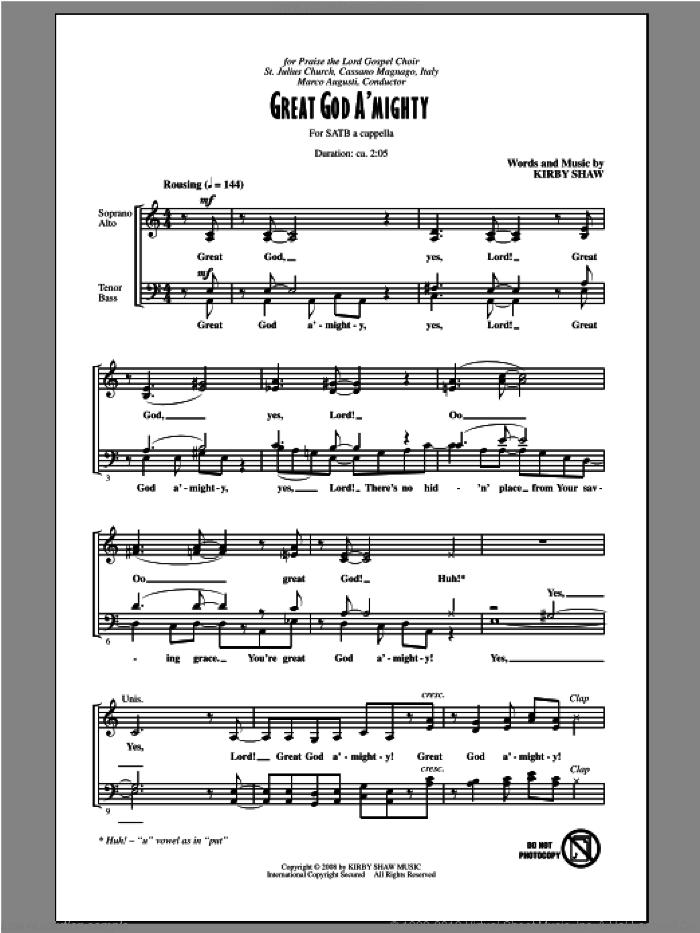 Great God A'Mighty sheet music for choir (SATB: soprano, alto, tenor, bass) by Kirby Shaw, intermediate skill level