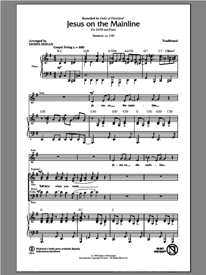 Jesus On The Mainline sheet music for choir (SATB: soprano, alto, tenor, bass) by Moses Hogan, intermediate skill level