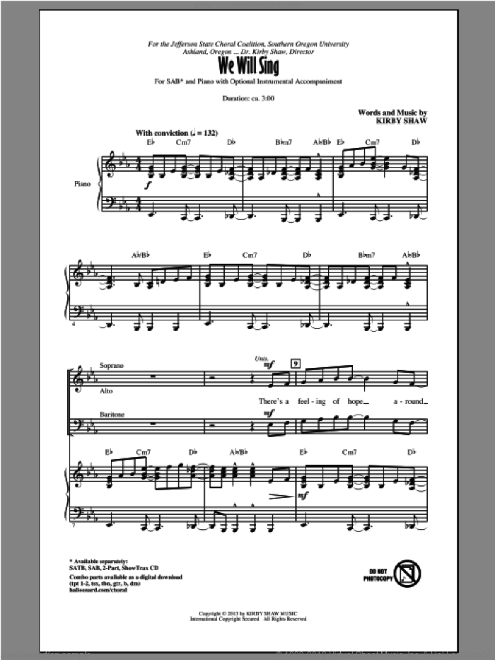 We Will Sing sheet music for choir (SAB: soprano, alto, bass) by Kirby Shaw, intermediate skill level