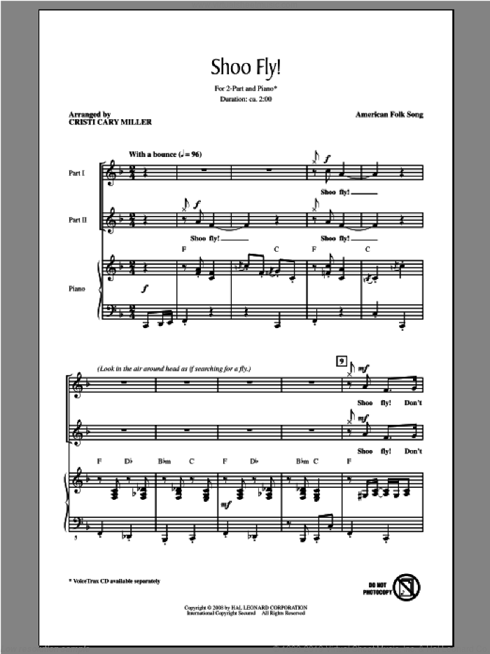 Shoo Fly, Don't Bother Me sheet music for choir (2-Part) by Cristi Cary Miller, intermediate duet