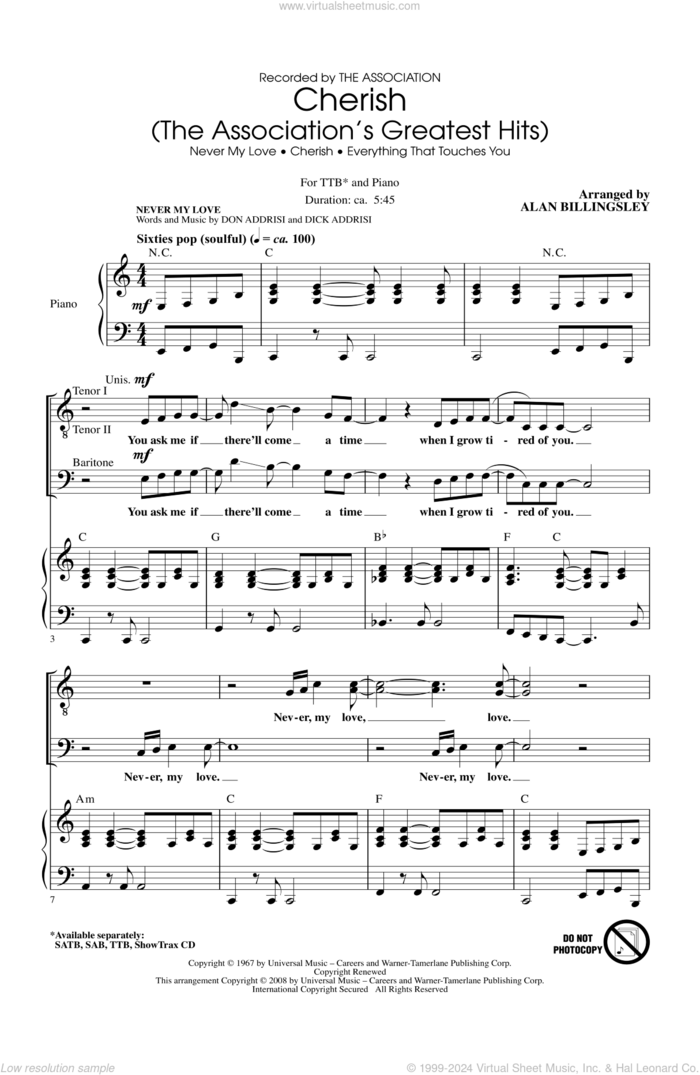 Cherish (The Association's Greatest Hits) sheet music for choir (TTBB: tenor, bass) by Alan Billingsley and The Association, intermediate skill level