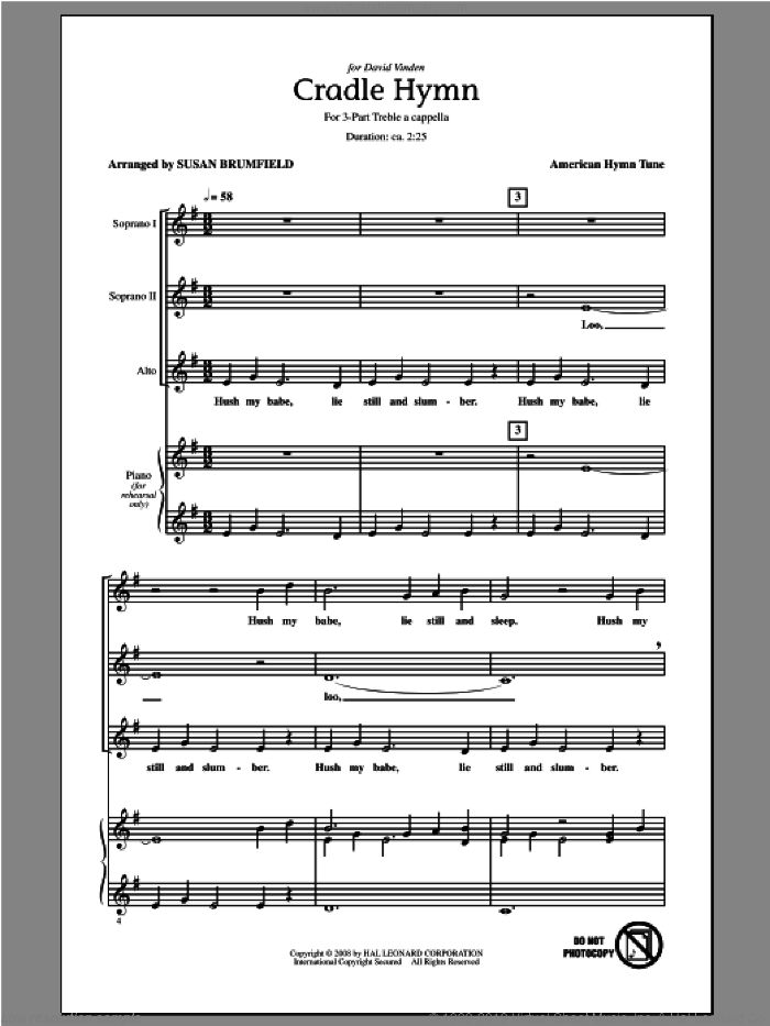 Cradle Hymn (arr. Susan Brumfield) sheet music for choir (3-Part Treble) by American Hymn Tune and Susan Brumfield, intermediate skill level